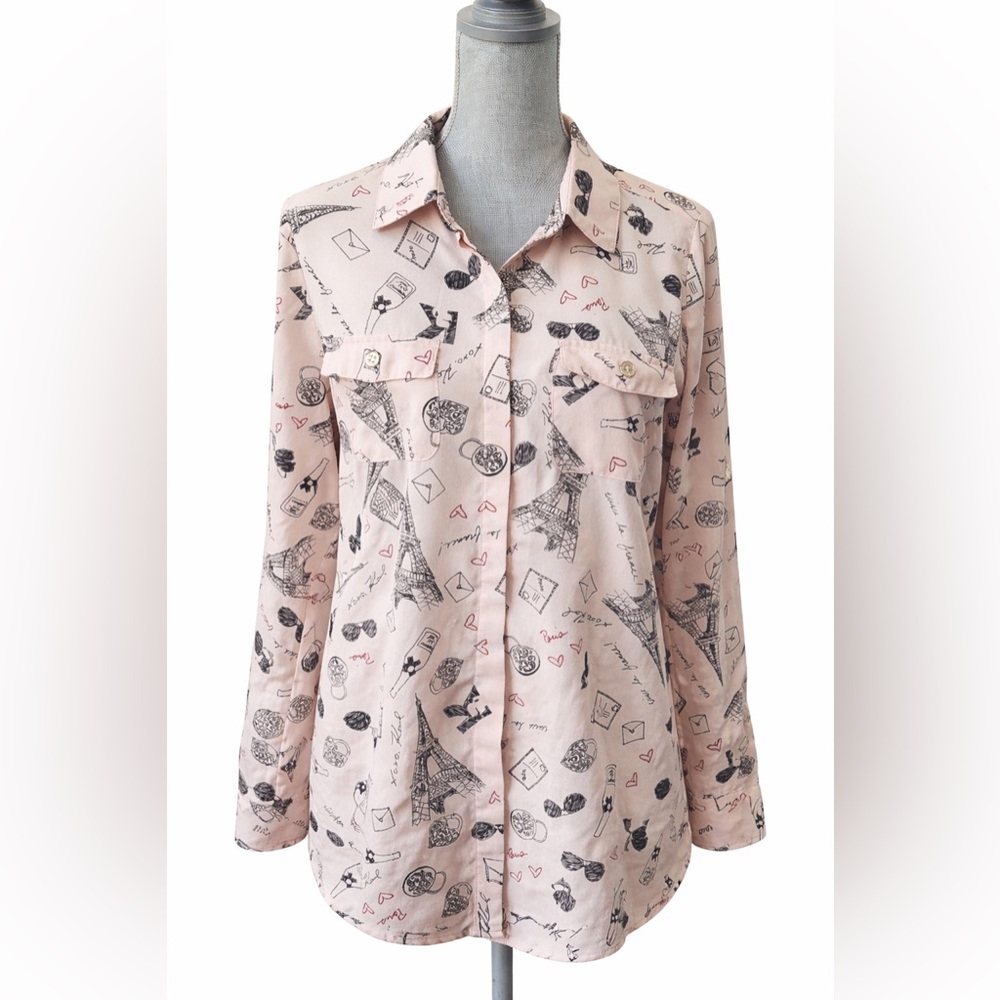 Karl Lagerfeld Paris Blush Pink Paris Print Button-Down Blouse M